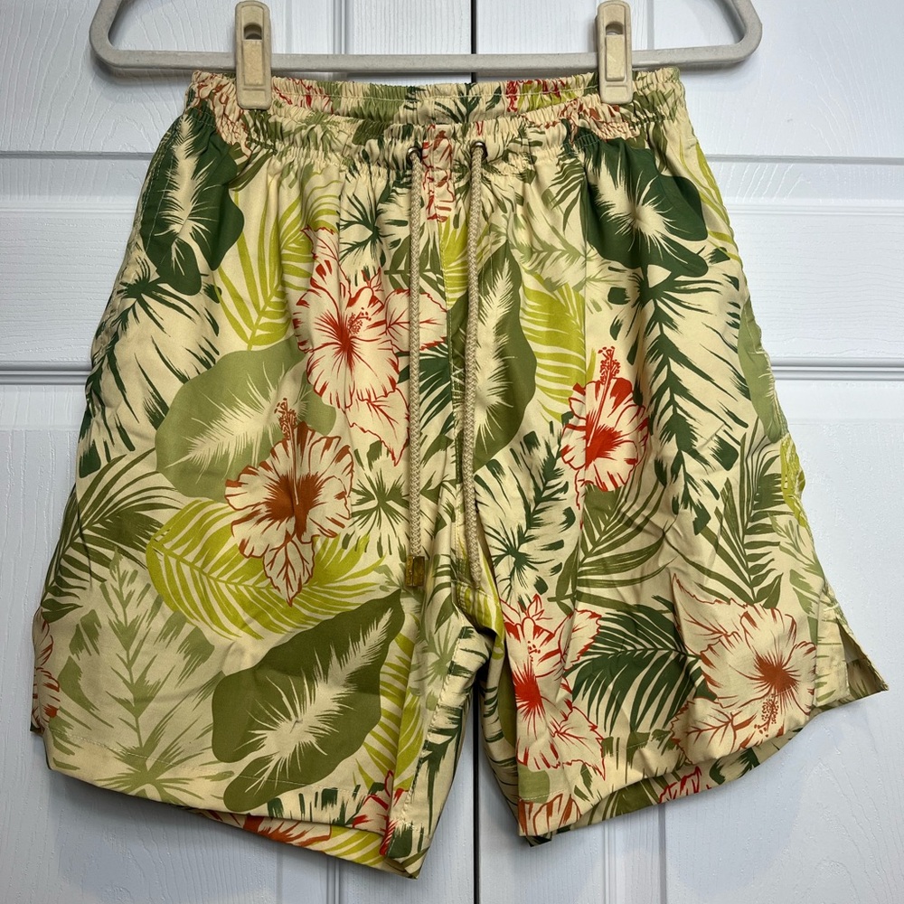 Kenny Flowers Green and Red Swim Trunks Tropical Print